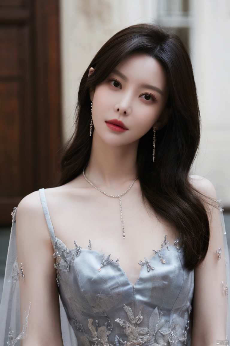  Surrealist beauty photo, a beautiful woman wearing complex and detailed colored clothes and future jewelry, low cut.,