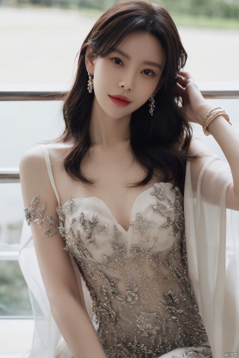  Surrealist beauty photo, a beautiful woman wearing complex and detailed colored clothes and future jewelry, low cut.,