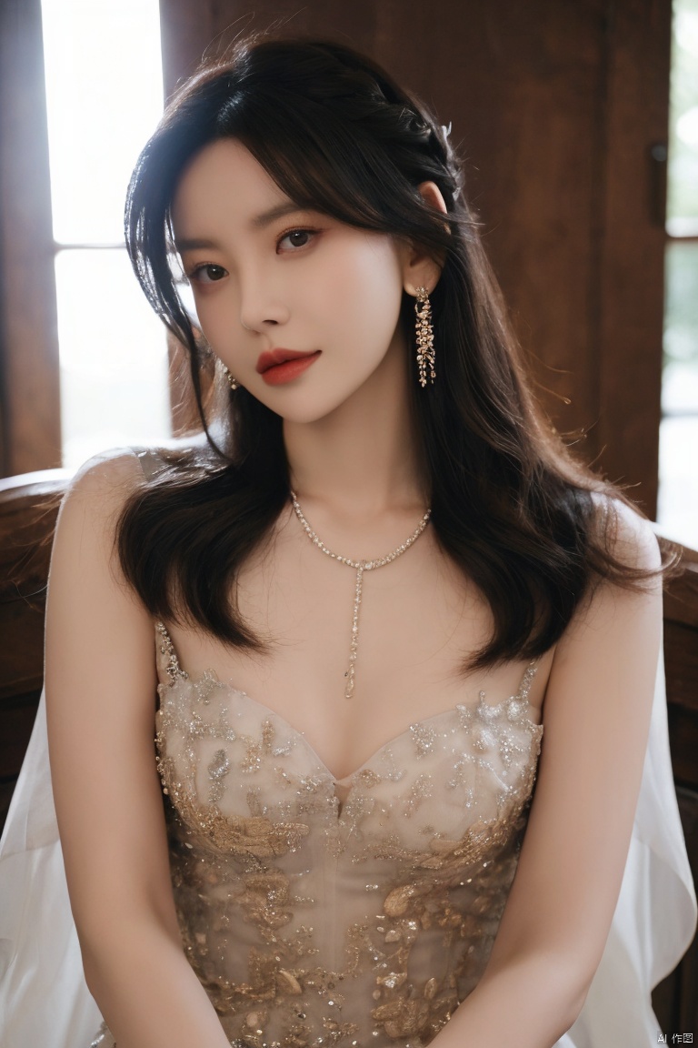 Surrealist beauty photo, a beautiful woman wearing complex and detailed colored clothes and future jewelry, low cut.,