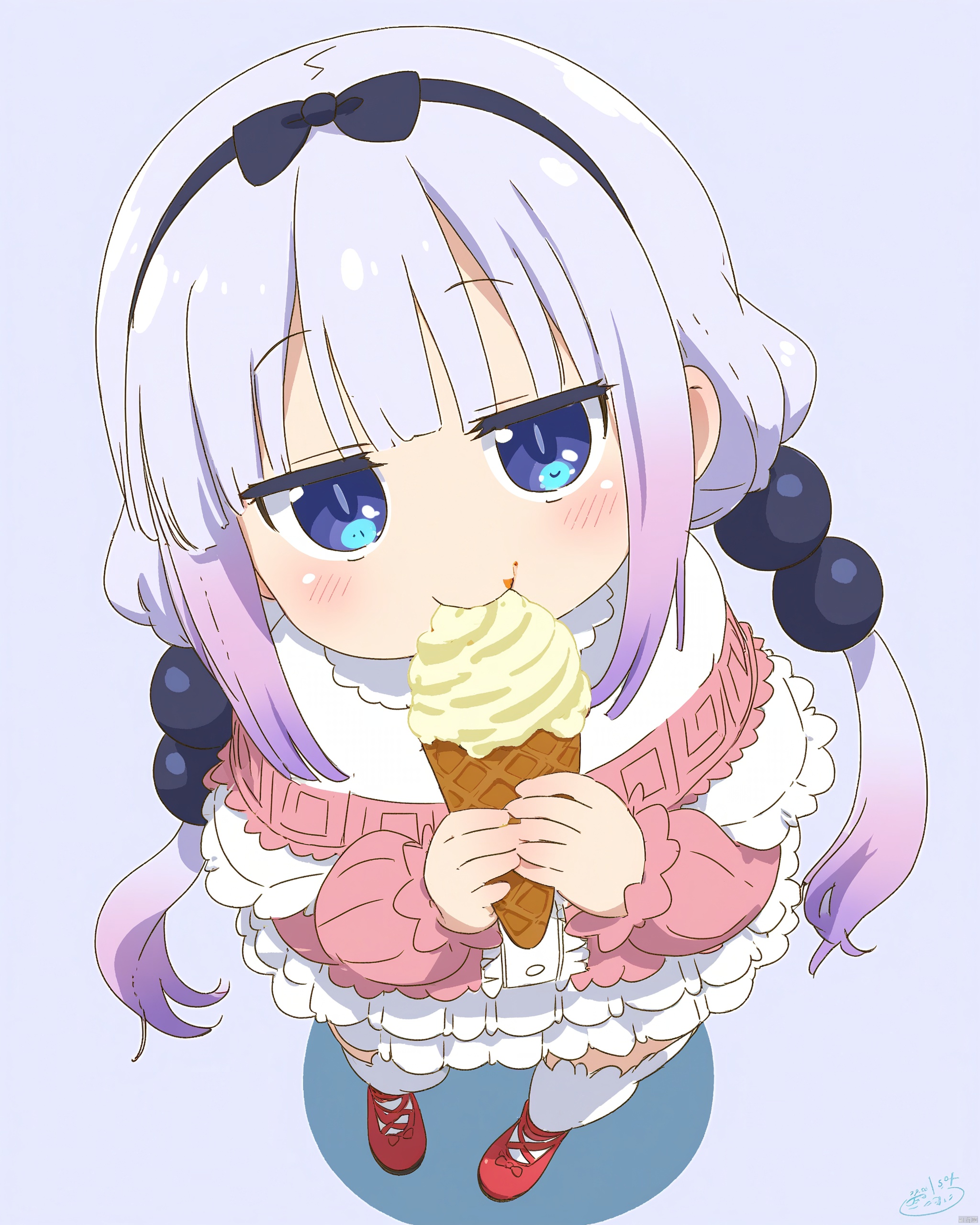kobayashi-san_chi_no_maidragon,1girl, beads, black_hairband, blue_eyes, blunt_bangs, capelet, commentary_request, cross-laced_footwear, dated, dress, eating, food, food_in_mouth, frilled_capelet, frills, from_above, gradient_hair, hair_beads, hair_ornament, hairband, highres, holding, holding_food, holding_ice_cream, ice_cream, kanna_kamui, kobayashi-san_chi_no_maidragon, light_purple_hair, long_hair, looking_at_viewer, low_twintails, multicolored_hair, red_footwear, samansa_ex, signature, simple_background, solo, thighhighs, twintails, white_background, white_thighhighs