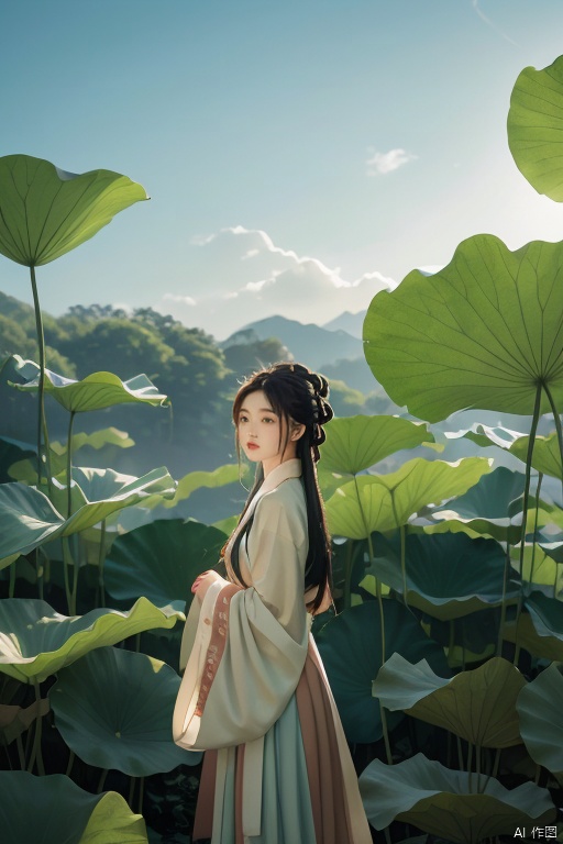 YT lotus leaf,荷叶为背景,A serene Hanfu-clad beauty stands tall against a Lotus Leaf Background, surrounded by a serene landscape. She wears flowing skirt and long sleeves billowing in the gentle breeze. In the distance, lush lotus leaves stretch towards the sky. The camera captures her striking figure from a wide shot, with the leafy scenery and size comparison subtly emphasizing her elegance amidst nature's serenity.