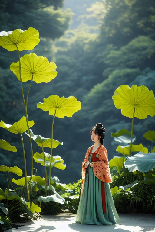 YT lotus leaf,荷叶为背景,A serene Hanfu-clad beauty stands tall against a Lotus Leaf Background, surrounded by a serene landscape. She wears flowing skirt and long sleeves billowing in the gentle breeze. In the distance, lush lotus leaves stretch towards the sky. The camera captures her striking figure from a wide shot, with the leafy scenery and size comparison subtly emphasizing her elegance amidst nature's serenity., run
