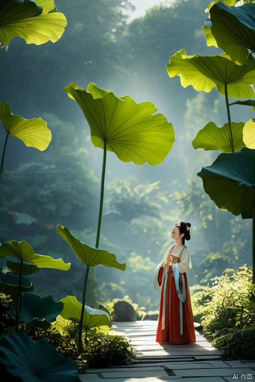 YT lotus leaf,荷叶为背景,A serene Hanfu-clad beauty stands tall against a Lotus Leaf Background, surrounded by a serene landscape. She wears flowing skirt and long sleeves billowing in the gentle breeze. In the distance, lush lotus leaves stretch towards the sky. The camera captures her striking figure from a wide shot, with the leafy scenery and size comparison subtly emphasizing her elegance amidst nature's serenity., run