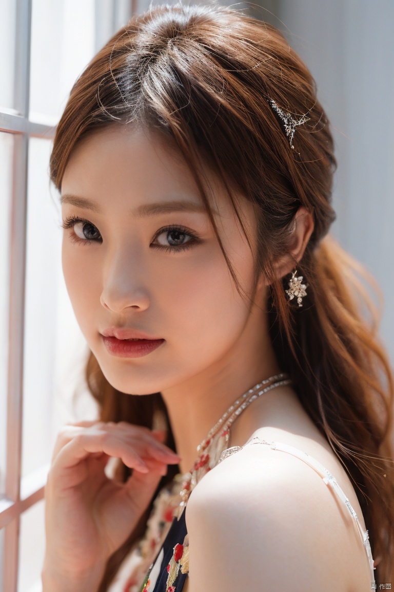  Surrealist beauty photo, a beautiful woman wearing complex and detailed colored clothes and future jewelry, low cut.,