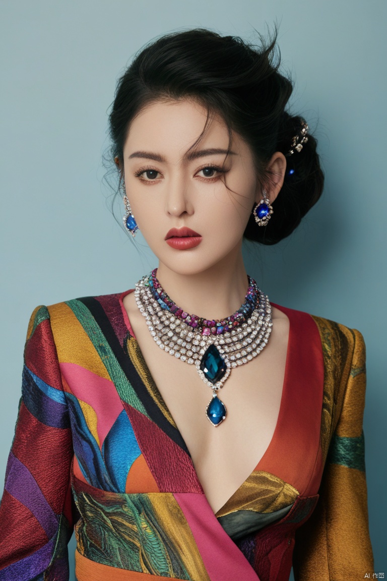  Surrealist beauty photo, a beautiful woman wearing complex and detailed colored clothes and future jewelry, low cut.,