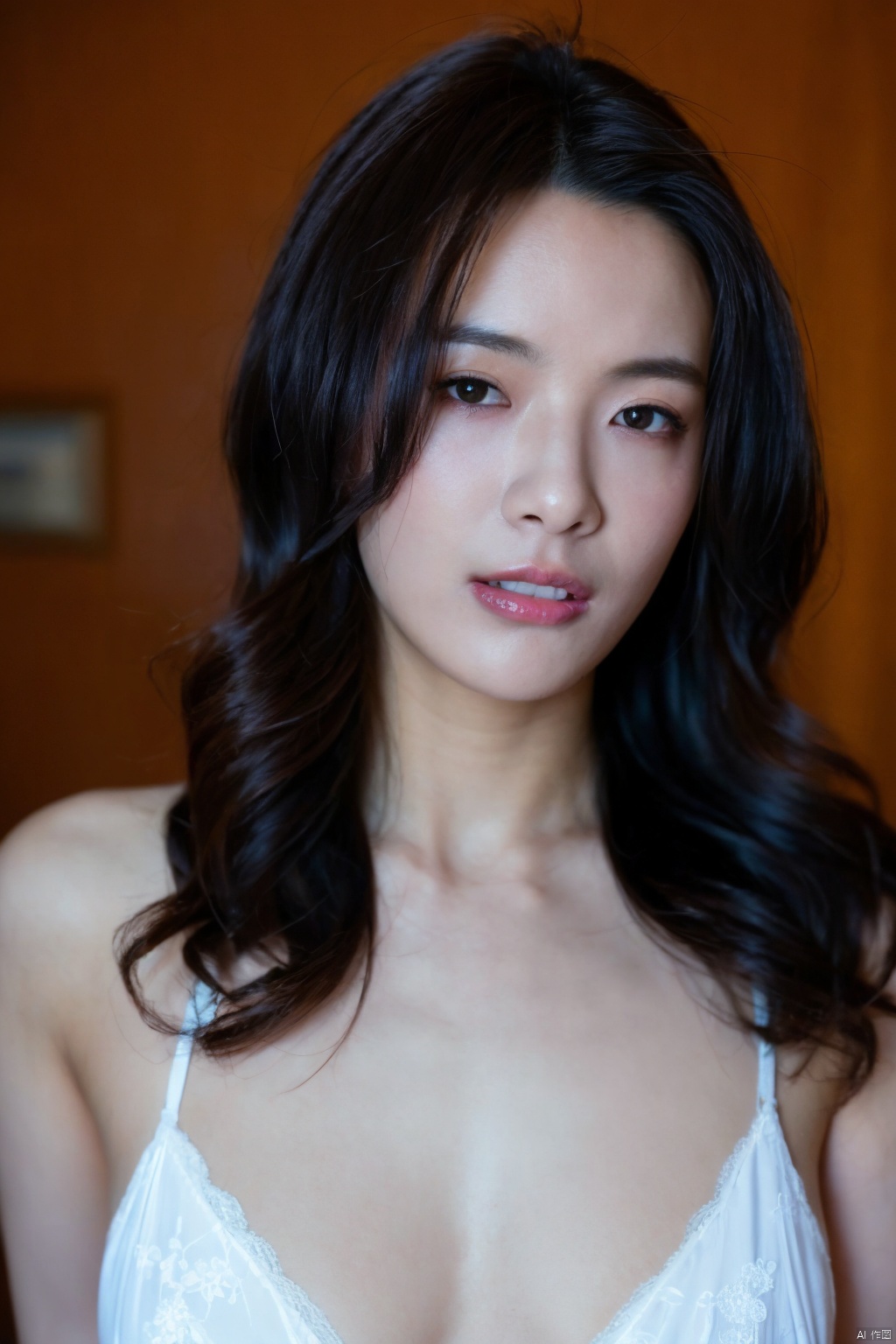 1girl, cleavage,solo, long_hair, lips, realistic, closed_mouth, black_hair,
( chiaroscuro,Fujicolor, UHD, super detail ,raw,85mm,f/1.2,FujifilmXT4,),Cyberpunk