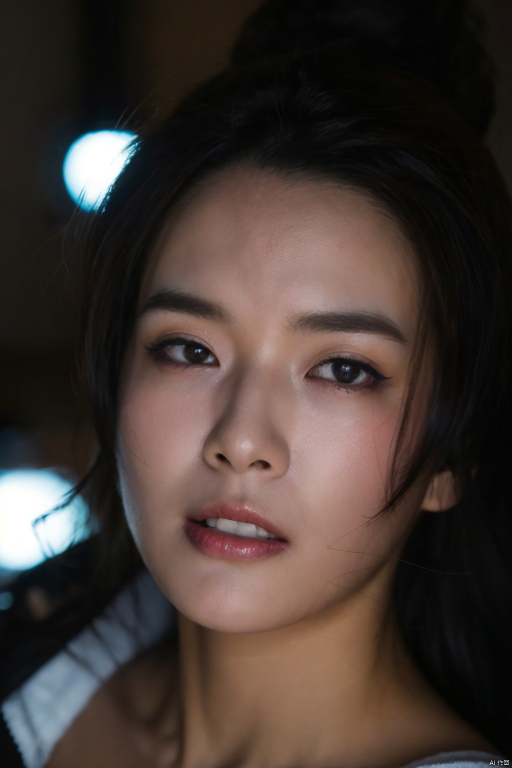 1girl, solo, lying, realistic, forehead, looking_at_viewer,
( chiaroscuro,Fujicolor, UHD, super detail ,raw,85mm,f/1.2,FujifilmXT4,),Cyberpunk