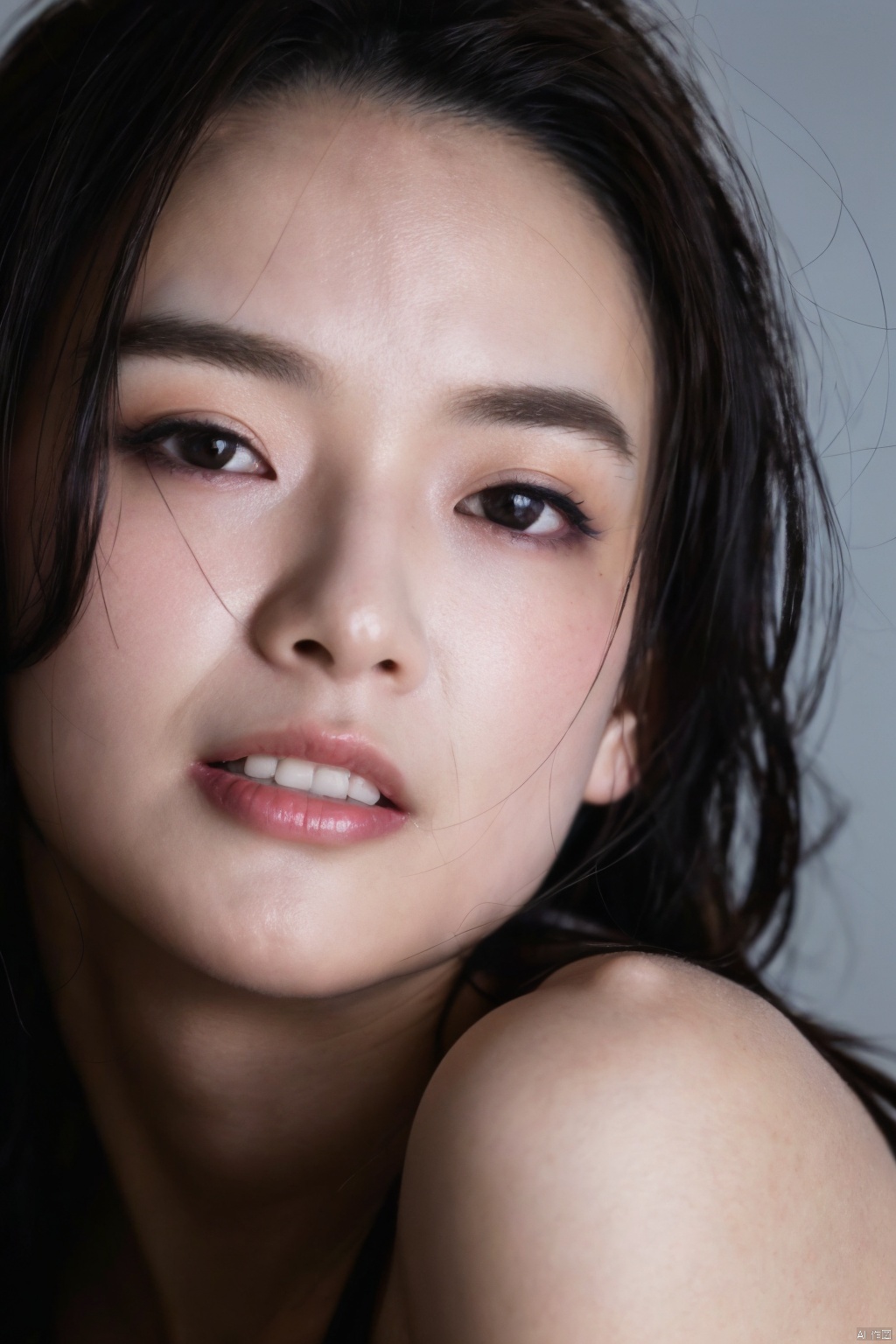 1girl, teeth, solo, grey_background, forehead, black_hair, realistic, looking_at_viewer,
( chiaroscuro,Fujicolor, UHD, super detail ,raw,85mm,f/1.2,FujifilmXT4,),Cyberpunk