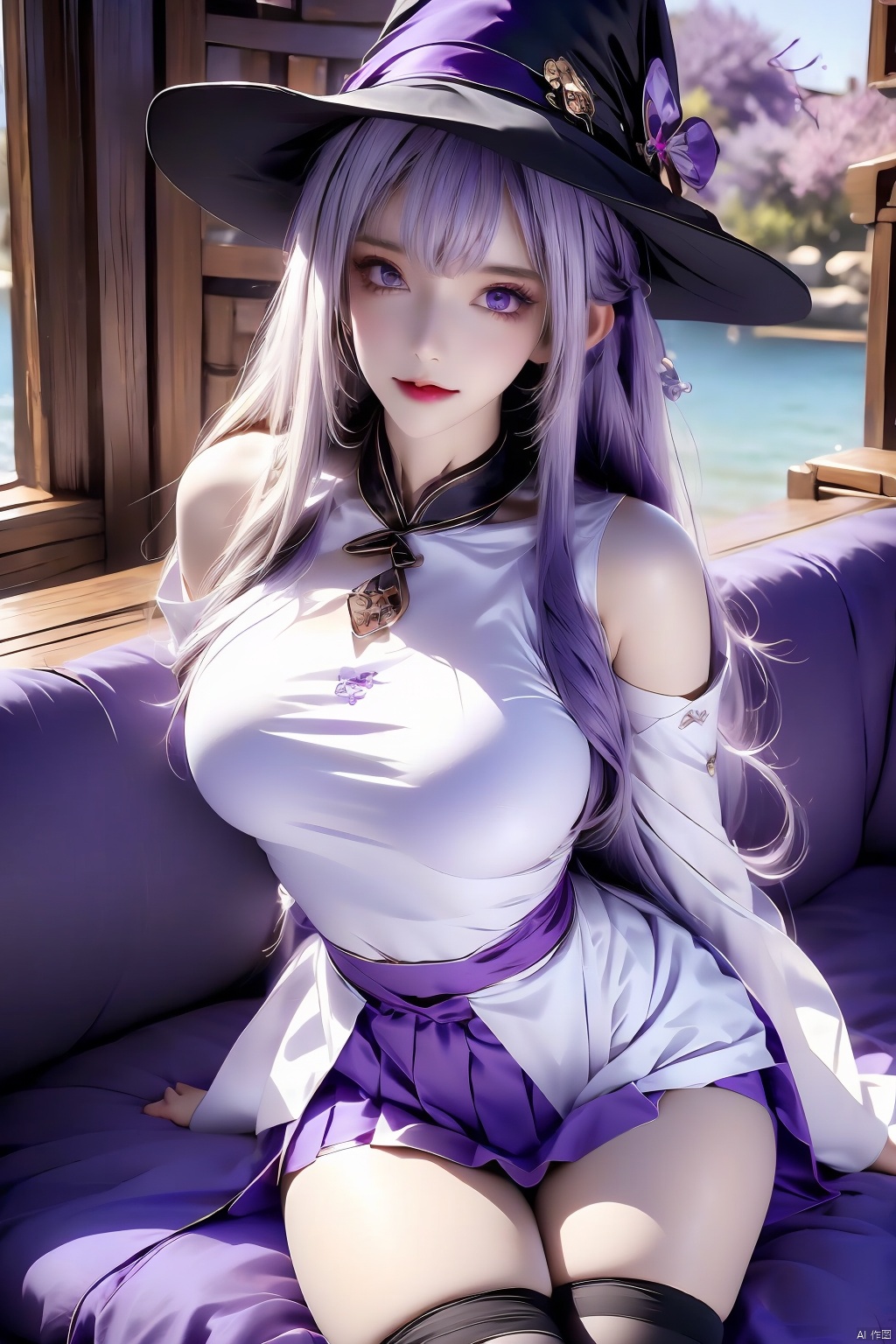 1girl, solo, long hair, breasts, looking at viewer, smile, bangs, skirt, thighhighs, long sleeves, hat, bare shoulders, medium breasts, sitting, purple eyes, white hair, thighs, pleated skirt, parted lips, detached sleeves, miniskirt, wide sleeves, nail polish, white thighhighs, leotard, lips, black headwear, covered navel, witch hat, broom, purple skirt, white leotard, hand on headwear, purple nails, witch, broom riding, sidesaddle