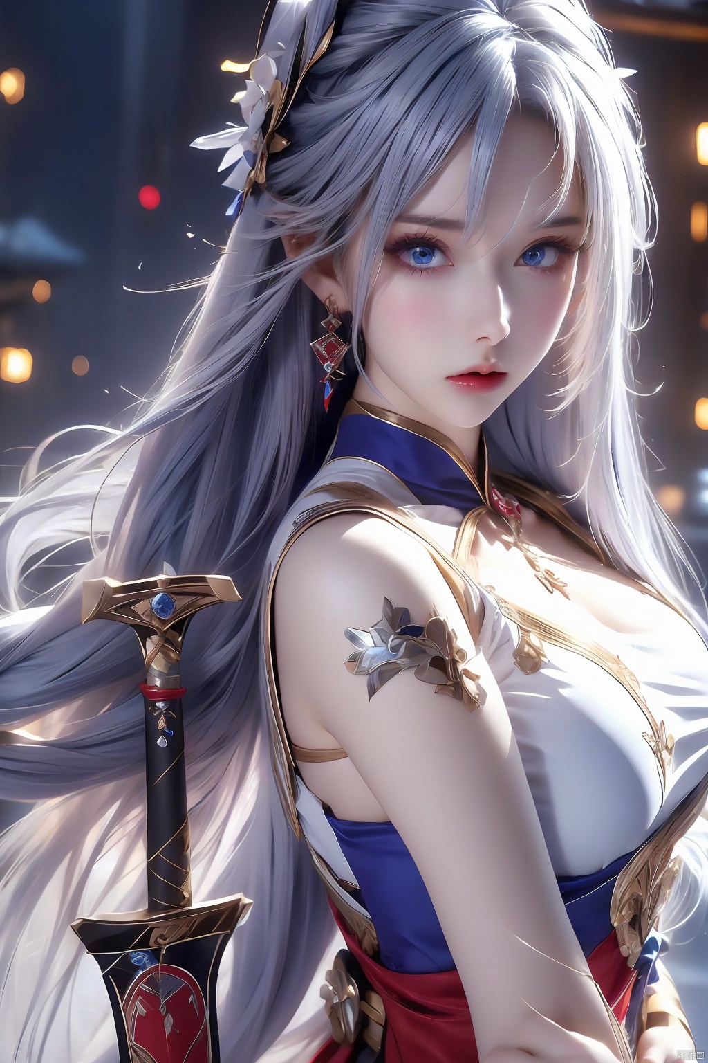 1girl, solo, long hair, looking at viewer, blue eyes, hair ornament, dress, holding, hair between eyes, jewelry, upper body, weapon, white hair, earrings, sword, holding weapon, blurry, blurry background, holding sword