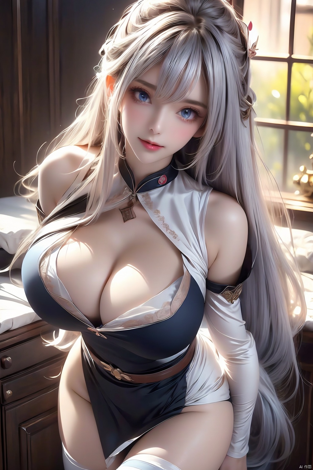 1girl, solo, long hair, breasts, looking at viewer, blush, smile, open mouth, bangs, blue eyes, large breasts, thighhighs, dress, holding, cleavage, bare shoulders, very long hair, standing, white hair, thighs, detached sleeves, belt, indoors, black dress, white thighhighs, skindentation, leaning forward, no panties, hand on own chest, between breasts, pelvic curtain