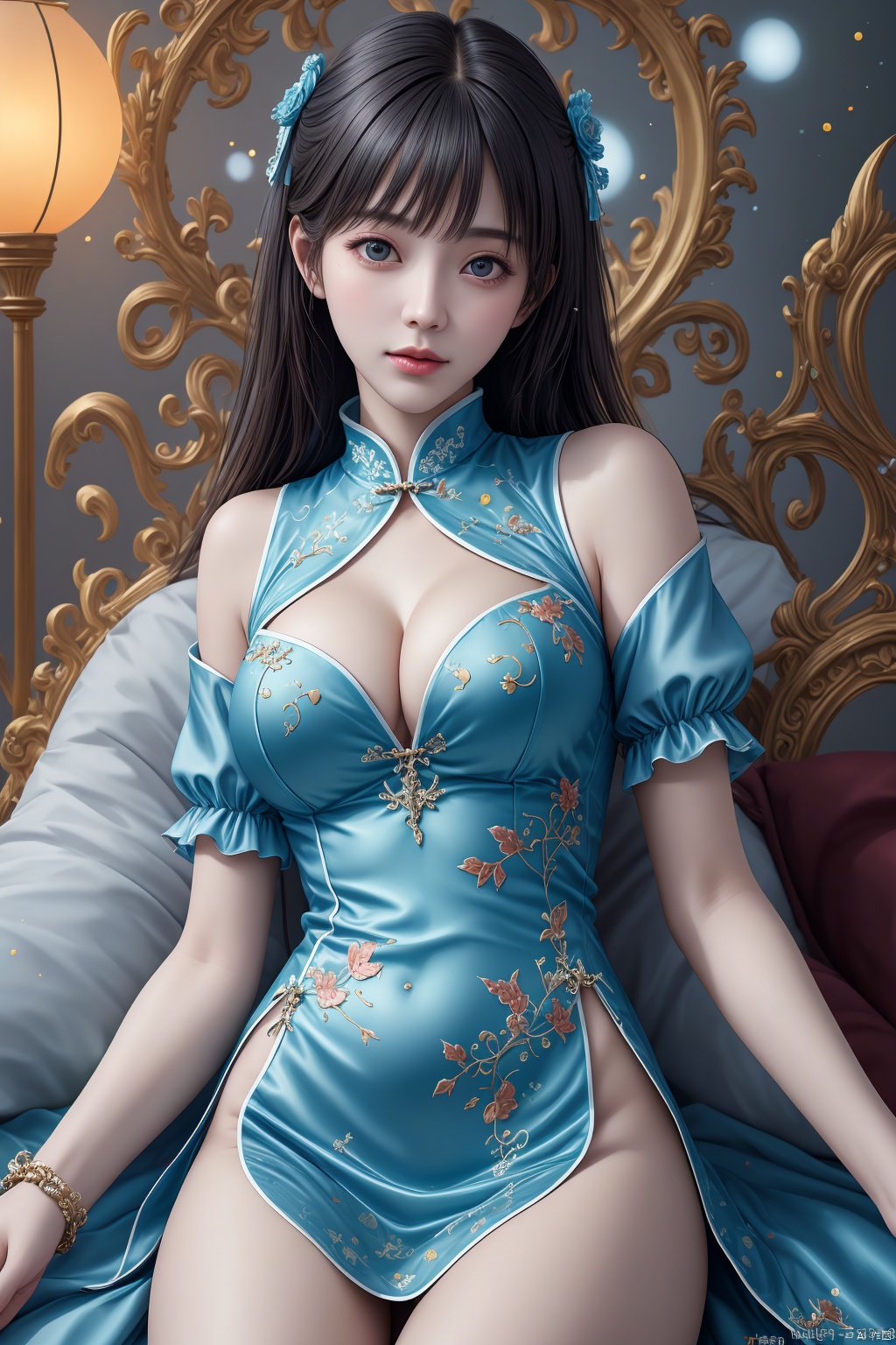  Best quality, masterpiece, absurdres, (ultra photorealistic:1.2), deep cleavage, cheongsam_pajamas