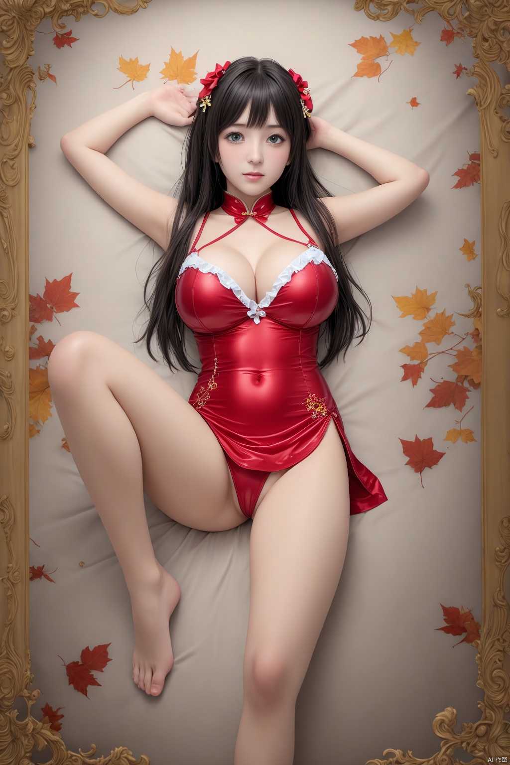  (Best quality, masterpiece, absurdres), (ultra photorealistic:1.2), (fullbody), (deep cleavage, huge breast), (cheongsam_pajamas pelvic_curtain), (medium shot),cheongsam_pajamas