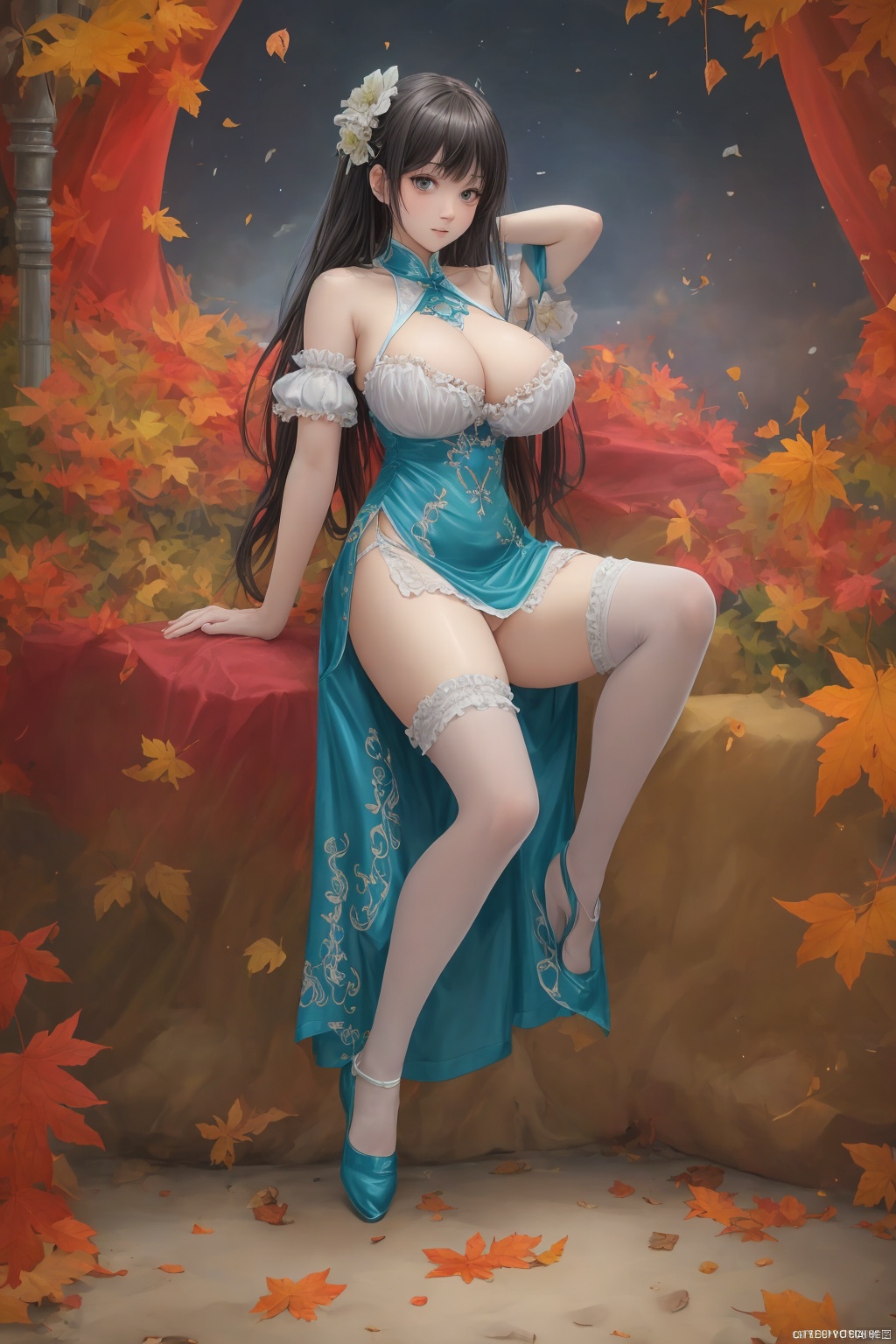  (Best quality, masterpiece, absurdres), (ultra photorealistic:1.2), (fullbody), (deep cleavage, huge breast), (cheongsam_pajamas pelvic_curtain), (medium shot),cheongsam_pajamas