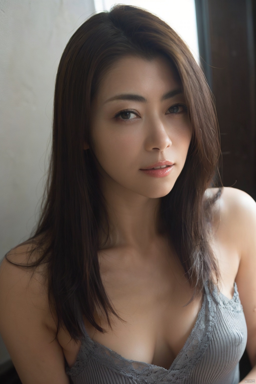 1girl, cleavage,solo, long_hair, lips, realistic, closed_mouth, black_hair,
( chiaroscuro,Fujicolor, UHD, super detail ,raw,85mm,f/1.2,FujifilmXT4,),Cyberpunk