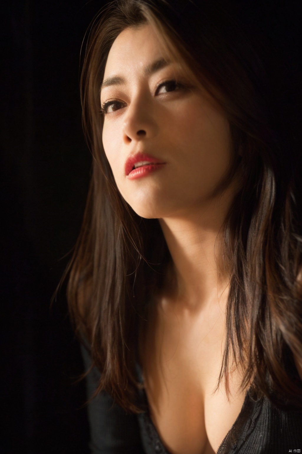 1girl, cleavage,solo, long_hair, lips, realistic, closed_mouth, black_hair,
( chiaroscuro,Fujicolor, UHD, super detail ,raw,85mm,f/1.2,FujifilmXT4,),Cyberpunk
