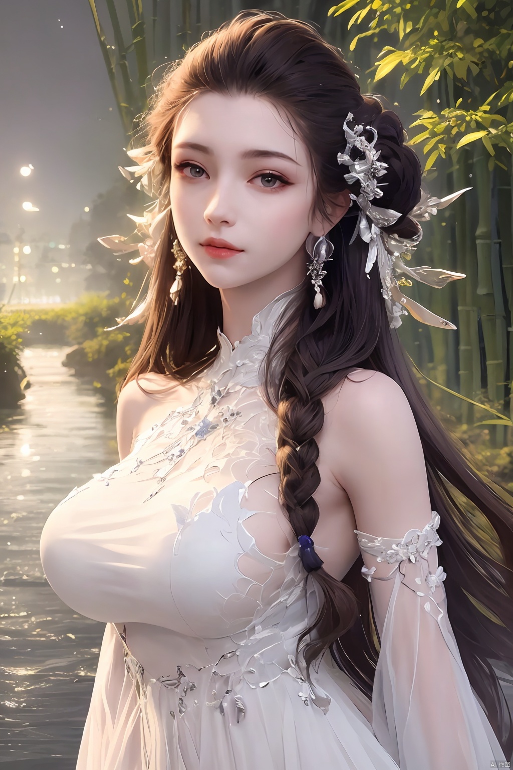 outdoor,(large breasts:1.29),flowers,floating hair,sky,rainbow,full moon,sky,stars,(arms at sides:1),(rstanding:1.3),bamboo forest,river,1girl, solo, hair ornament, dress, brown hair, white dress, jewelry, earrings, upper body, braid,  looking at viewer, long hair,official art,extremely detailed cg 8k wallpaper,looking at viewer,(extremely delicate and beautiful),realistic, photo_\(medium\),,Xbaiyijun