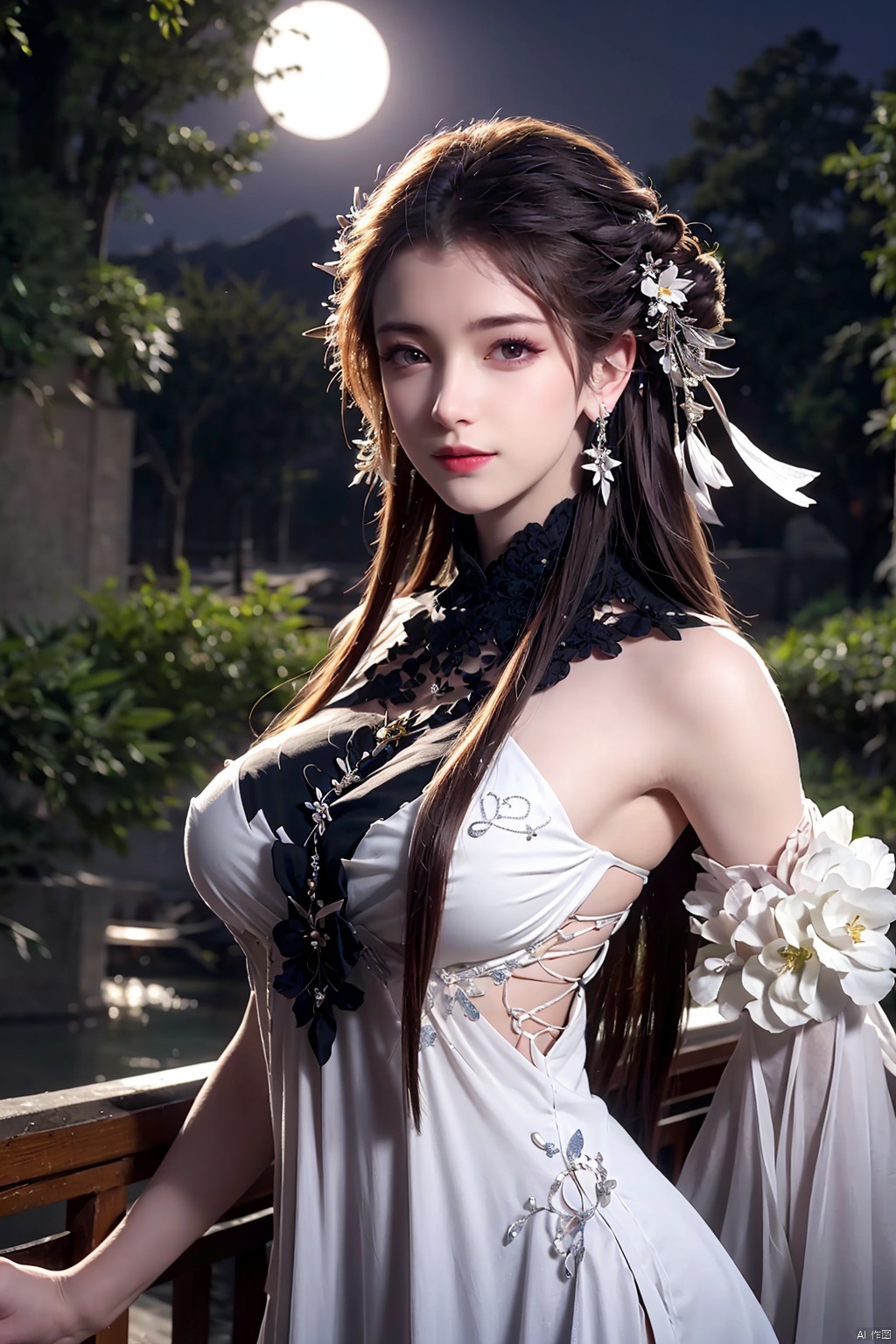 outdoor,(large breasts:1.2),flowers,floating hair,sky,rainbow,moon,sky,stars,(arms at sides:1),(rstanding:1.3),bamboo forest,river,1girl, solo, hair ornament, dress, brown hair, white dress, jewelry, earrings, upper body, braid,  looking at viewer, long hair,official art,extremely detailed cg 8k wallpaper,looking at viewer,(extremely delicate and beautiful),realistic, photo_\(medium\),,Xbaiyijun