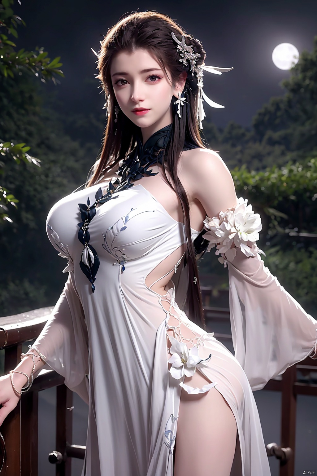 outdoor,(large breasts:1.2),flowers,floating hair,sky,rainbow,moon,sky,stars,(arms at sides:1),(rstanding:1.3),bamboo forest,river,1girl, solo, hair ornament, dress, brown hair, white dress, jewelry, earrings, upper body, braid,  looking at viewer, long hair,official art,extremely detailed cg 8k wallpaper,looking at viewer,(extremely delicate and beautiful),realistic, photo_\(medium\),,Xbaiyijun