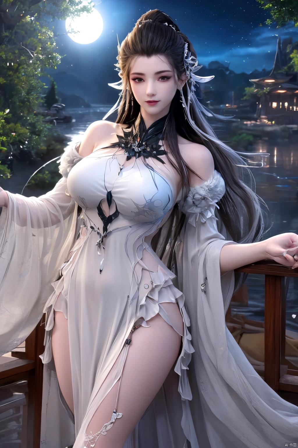 outdoor,(large breasts:1.29),flowers,floating hair,sky,rainbow,full moon,sky,stars,bamboo forest,river,1girl, solo, hair ornament, dress, jewelry looking at viewer, long hair,official art,looking at viewer,(extremely delicate and beautiful),Xbaiyijun,