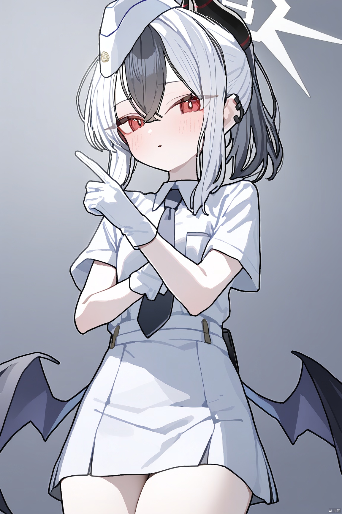 ningen mame,  1girl,solo,(masterpiece:1.3),( beautiful:1.2),(high quality:1.2),(finely detailed:1.2),extremely detailed CG unity 8k wallpaper,best quality,a very delicate and beautiful,perfect fingers,(one cute girl at the center:1.2),loli, white dress,hip-wrapping dress,
gloves, hat, short sleeves, white gloves, piercing, ear piercing, half gloves, earclip, uniform, garrison cap, white shirt, necktie, kayokoUniform,
bangs, black hair, red eyes, hair between eyes, white hair, sidelocks, multicolored hair, wings, horns, medium hair, two-tone hair, halo, low wings, single wing, ponytail, breasts, kayoko \(blue archive\),kayokoBA,thighs,cowboy_shot, 
