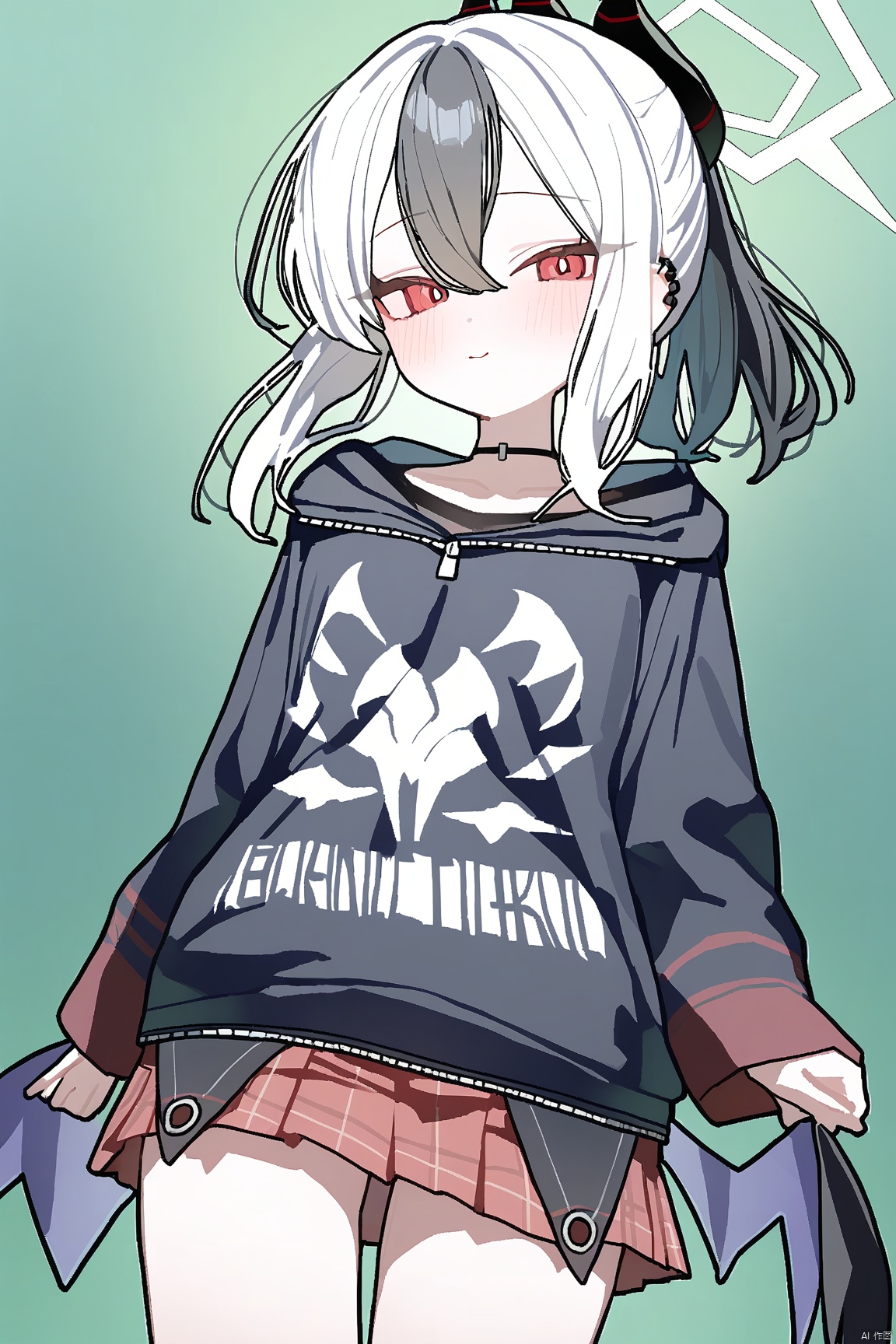 ningen mame,  1girl,solo,(masterpiece:1.3),( beautiful:1.2),(high quality:1.2),(finely detailed:1.2),extremely detailed CG unity 8k wallpaper,best quality,a very delicate and beautiful,perfect fingers,(one cute girl at the center:1.2),loli, white dress,
skirt, long sleeves, collarbone, ponytail, pleated skirt, choker, hood, miniskirt, bag, plaid, bare legs, hoodie, red skirt, black choker, plaid skirt, piercing, hood down, ear piercing, black hoodie, earclip,


bangs, black hair, red eyes, hair between eyes, white hair, sidelocks, multicolored hair, wings, horns, medium hair, two-tone hair, halo, low wings, single wing, ponytail, breasts, kayoko \(blue archive\),kayokoBA,thighs,cowboy_shot