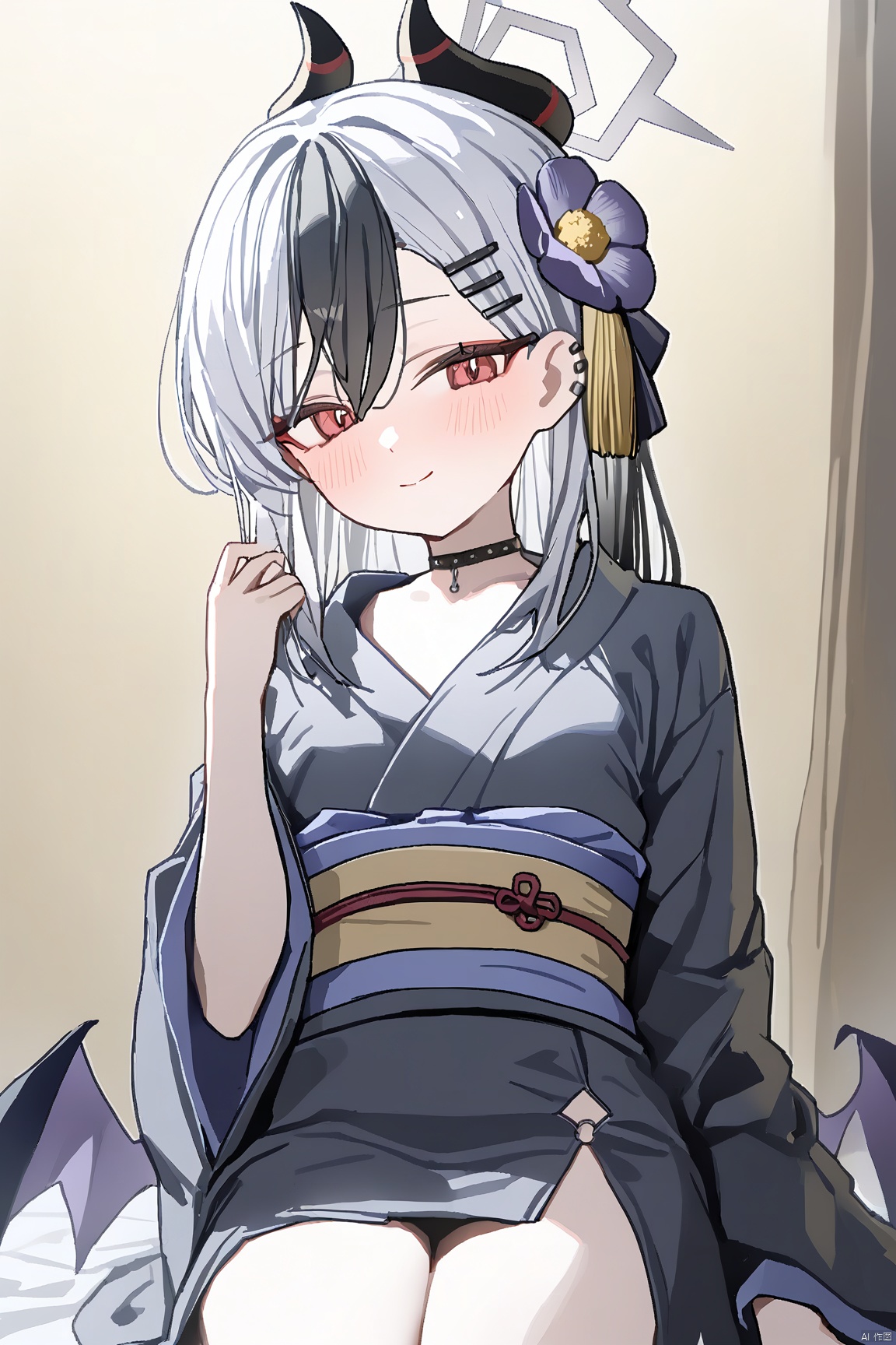 ningen mame,  1girl,solo,(masterpiece:1.3),( beautiful:1.2),(high quality:1.2),(finely detailed:1.2),extremely detailed CG unity 8k wallpaper,best quality,a very delicate and beautiful,perfect fingers,(one cute girl at the center:1.2),loli,
bangs, black hair, red eyes, hair between eyes, white hair, sidelocks, multicolored hair, wings, horns, medium hair, two-tone hair, halo, low wings, single wing, ponytail, breasts, kayoko \(blue archive\),
hair ornament, flower, japanese clothes, choker, hairclip, hair flower, wide sleeves, kimono, bag, official alternate costume, sash, halo, obi, piercing, ear piercing, black kimono, obijime, kinchaku, kayoko Kimono,kayokoBA,kayokoKimono