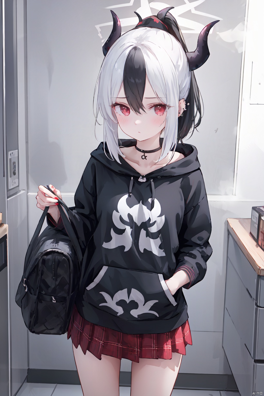 1girl,solo,(masterpiece:1.3),( beautiful:1.2),(high quality:1.2),(finely detailed:1.2),extremely detailed CG unity 8k wallpaper,best quality,a very delicate and beautiful,perfect fingers,(one cute girl at the center:1.2),loli,black hat, 
bangs, black hair, red eyes, hair between eyes, white hair, sidelocks, multicolored hair, wings, horns, medium hair, two-tone hair, halo, low wings, single wing, ponytail, breasts, kayoko \(blue archive\),
skirt, long sleeves, collarbone, ponytail, pleated skirt, choker, hood, miniskirt, bag, plaid, bare legs, hoodie, red skirt, black choker, plaid skirt, piercing, hood down, ear piercing, ((black hoodie)), earclip,

,thighs,cowboy_shot,kayokoBA