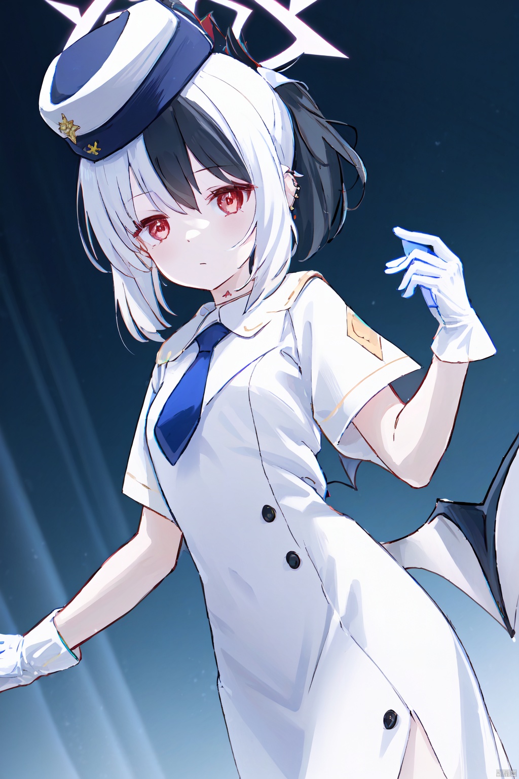  1girl,solo,(masterpiece:1.3),( beautiful:1.2),(high quality:1.2),(finely detailed:1.2),extremely detailed CG unity 8k wallpaper,best quality,a very delicate and beautiful,perfect fingers,(one cute girl at the center:1.2),loli,
bangs, black hair, red eyes, hair between eyes, white hair, sidelocks, multicolored hair, wings, horns, medium hair, two-tone hair, halo, low wings, single wing, ponytail, breasts, kayoko \(blue archive\),
((white dress)), short dress, pencil dress, gloves, hat, black hat, puffy sleeves, puffy short sleeves, short sleeves, white gloves, piercing, ear piercing, half gloves, earclip, uniform, garrison cap, necktie, kayokoUniform
,kayokoBA,kayokoKimono