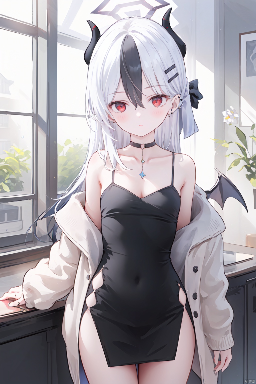 1girl,solo,(masterpiece:1.3),( beautiful:1.2),(high quality:1.2),(finely detailed:1.2),extremely detailed CG unity 8k wallpaper,best quality,a very delicate and beautiful,perfect fingers,(one cute girl at the center:1.2),loli,
bangs, black hair, red eyes, hair between eyes, white hair, sidelocks, multicolored hair, wings, horns, medium hair, two-tone hair, halo, low wings, single wing, ponytail, breasts, kayoko \(blue archive\),
hair ornament, dress, bow, jewelry, collarbone, hair bow, alternate costume, choker, hairclip, off shoulder, black dress, covered navel, piercing, yellow cardigan, ear piercing, side slit, spaghetti strap, earclip, long sleeves, kayokoDress,kayokoBA,