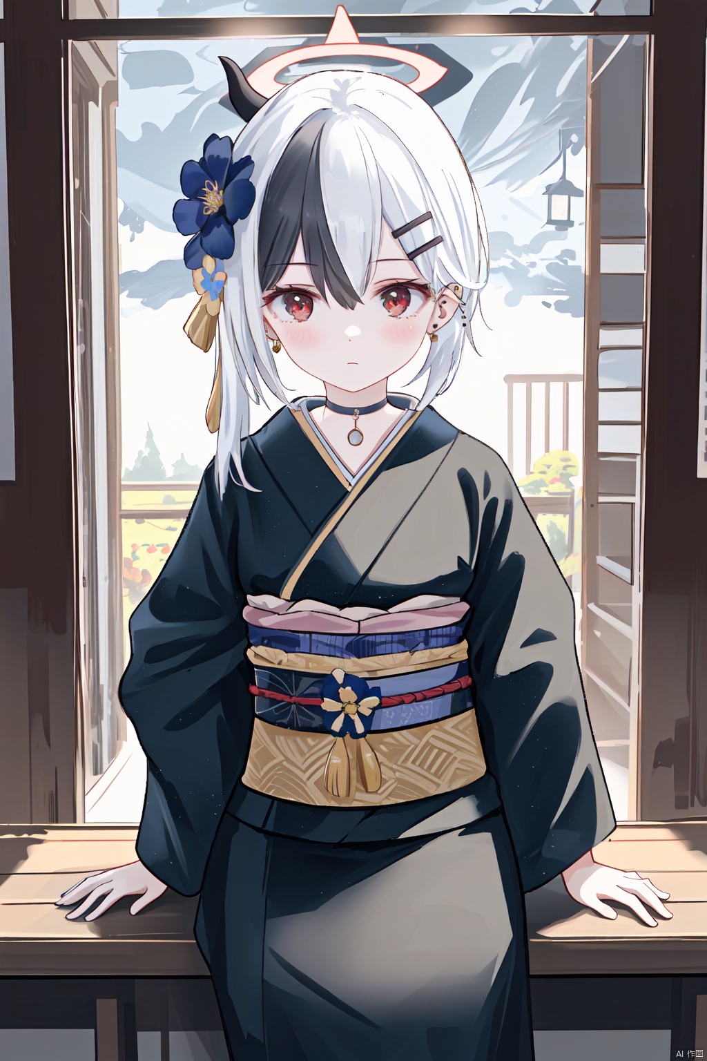  1girl,solo,(masterpiece:1.3),( beautiful:1.2),(high quality:1.2),(finely detailed:1.2),extremely detailed CG unity 8k wallpaper,best quality,a very delicate and beautiful,perfect fingers,(one cute girl at the center:1.2),loli,
bangs, black hair, red eyes, hair between eyes, white hair, sidelocks, multicolored hair, wings, horns, medium hair, two-tone hair, halo, low wings, single wing, ponytail, breasts, kayoko \(blue archive\),
hair ornament, flower, japanese clothes, choker, hairclip, hair flower, wide sleeves, kimono, bag, official alternate costume, sash, halo, obi, piercing, ear piercing, black kimono, obijime, kinchaku, kayoko Kimono,kayokoBA,kayokoKimono,kayokoDress
