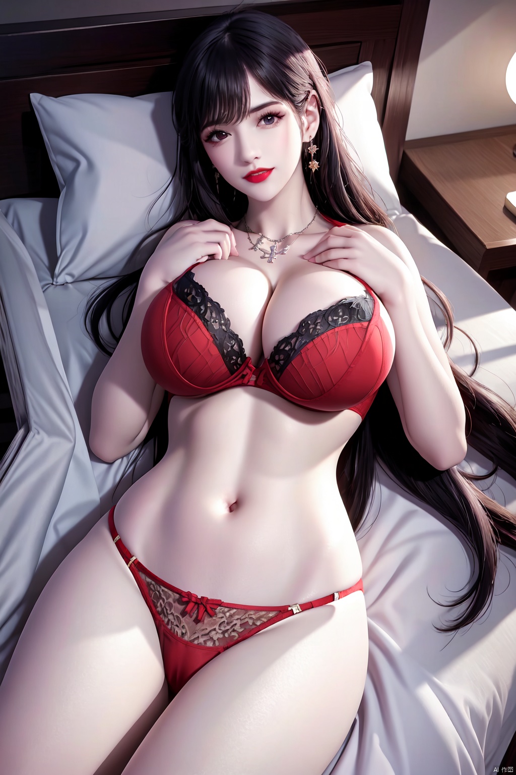 1girl, solo, long hair, breasts, looking at viewer, bangs, large breasts, black hair, navel, cleavage, bare shoulders, jewelry, closed mouth, underwear, panties, thighs, earrings, lying, indoors, on back, necklace, bra, lips, pillow, book, bed, makeup, on bed, lingerie, hand on own chest, pale skin, red lips, lamp, red panties, red bra, hand on own stomach