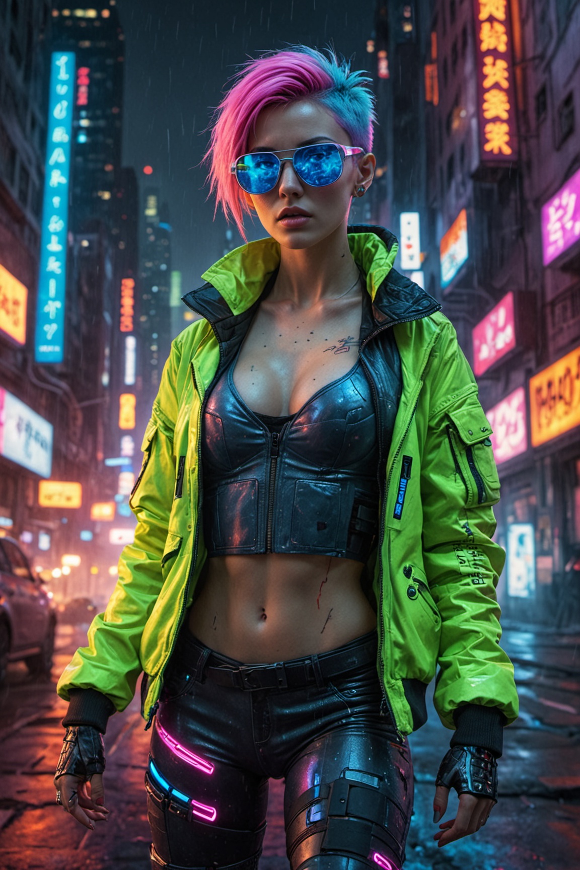 Cyberpunk movie poster,  woman with neon hair,  huge breasts on Tensor.Art