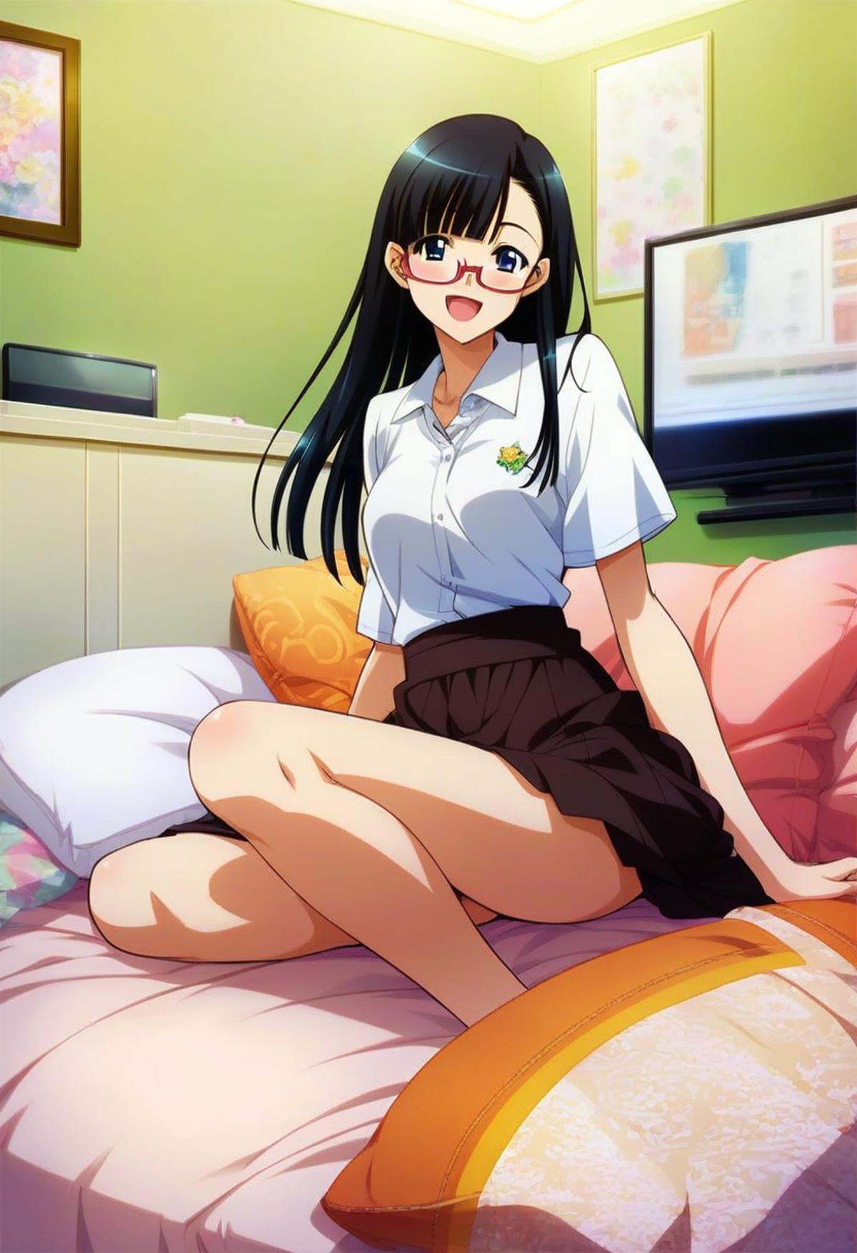 score_9, score_8_up, score_7_up, rating_safe, masterpiece, best quality, absurdres, unity 8k wallpaper, official art, official style, source_anime, uncensored, game cg, megami magazine,1girl, solo, glasses, black hair, long hair, shirt, skirt, happy, smile, looking at viewer, open mouth, solo focus, sitting,lovehotel, LHbedpanel, scenery, bed, indoors, pillow, bedroom, table, couch, television,<lora:LoveHotel_F_PONY_V1:1>