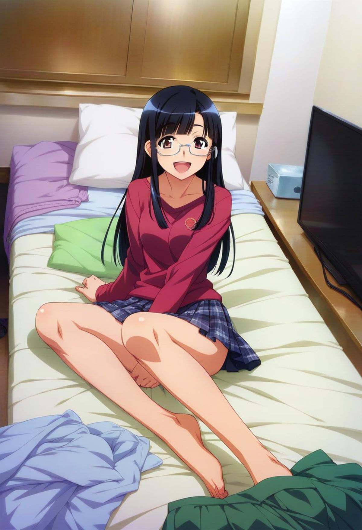 score_9, score_8_up, score_7_up, rating_safe, masterpiece, best quality, absurdres, unity 8k wallpaper, official art, official style, source_anime, uncensored, game cg, megami magazine,1girl, solo, glasses, black hair, long hair, shirt, skirt, happy, smile, looking at viewer, open mouth, solo focus, sitting,lovehotel, LHbedpanel, scenery, bed, indoors, pillow, bedroom, table, couch, television,<lora:LoveHotel_F_PONY_V1:1>