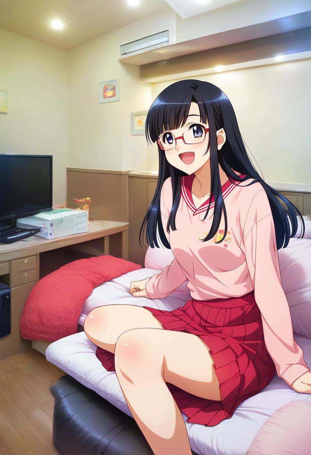 score_9, score_8_up, score_7_up, rating_safe, masterpiece, best quality, absurdres, unity 8k wallpaper, official art, official style, source_anime, uncensored, game cg, megami magazine,1girl, solo, glasses, black hair, long hair, shirt, skirt, happy, smile, looking at viewer, open mouth, solo focus, sitting,lovehotel, LHbedpanel, scenery, bed, indoors, pillow, bedroom, table, couch, television,<lora:LoveHotel_F_PONY_V1:1>
