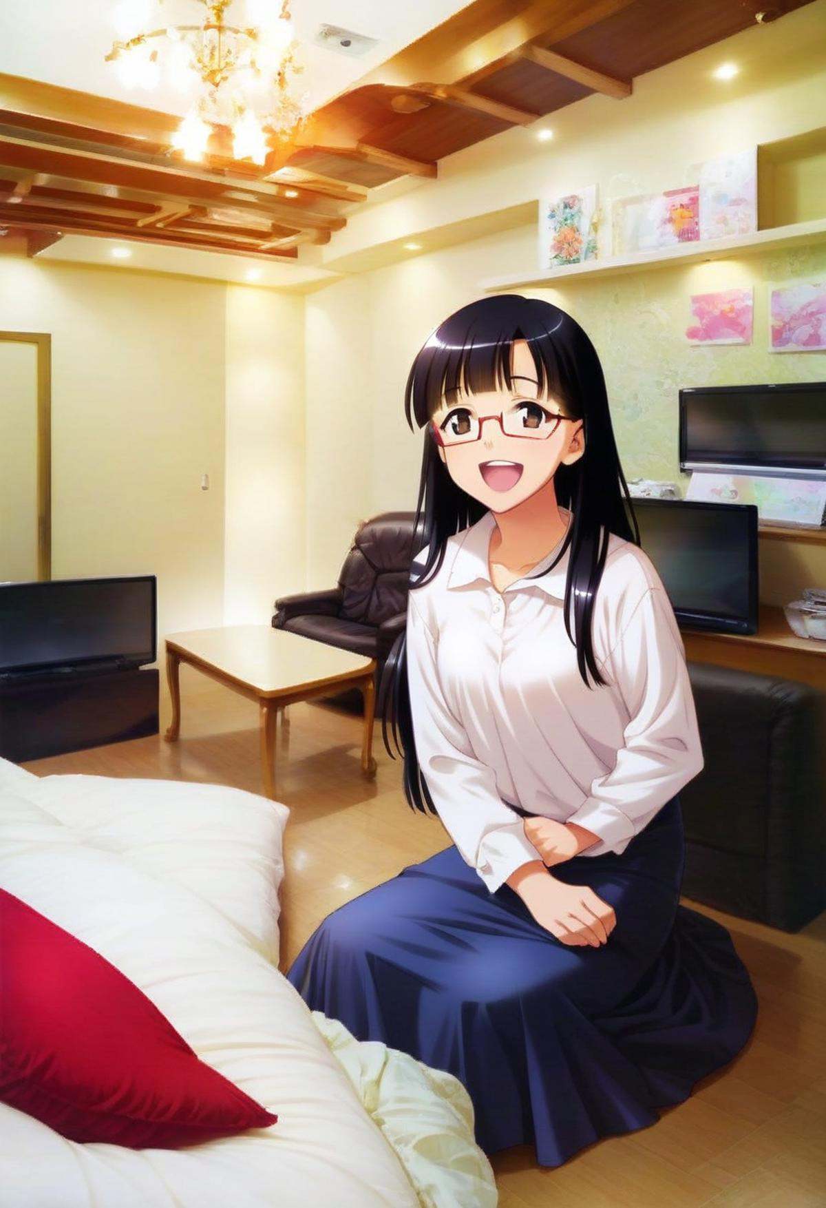 score_9, score_8_up, score_7_up, rating_safe, masterpiece, best quality, absurdres, unity 8k wallpaper, official art, official style, source_anime, uncensored, game cg, megami magazine,1girl, solo, glasses, black hair, long hair, shirt, skirt, happy, smile, looking at viewer, open mouth, solo focus, sitting,lovehotel, LHbedpanel, scenery, bed, indoors, pillow, bedroom, table, couch, television,<lora:LoveHotel_F_PONY_V1:1>