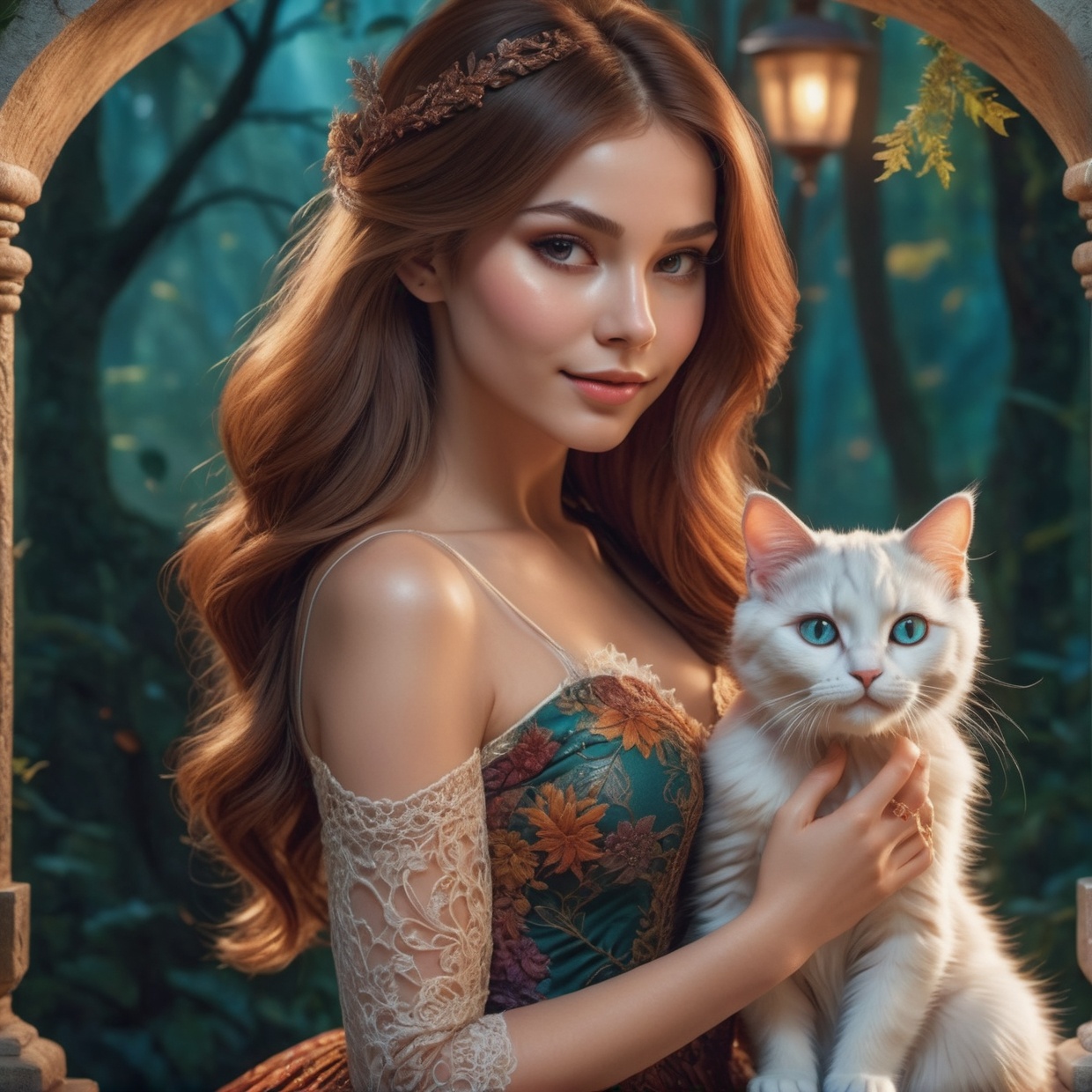 A beautiful girl with a cute cat,  elegant dress,  long flowing hair on Tensor.Art