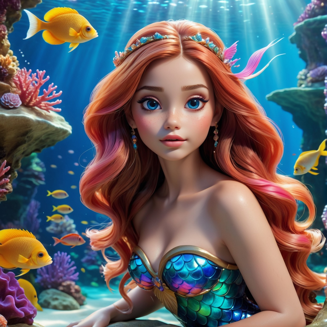 a beautiful mermaid princess with long flowing hair,  enchanting eyes,  elegant facial features on Tensor.Art