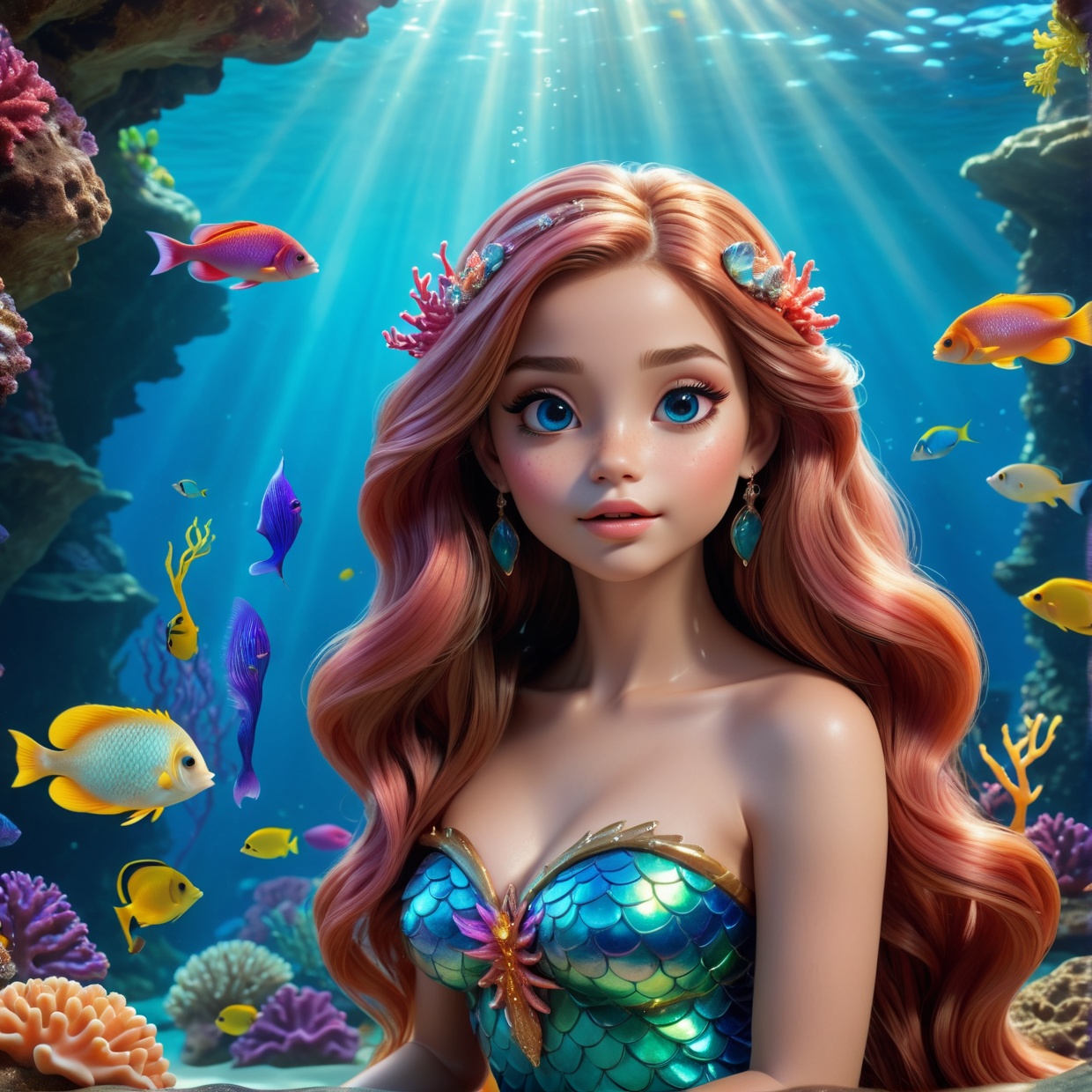 a beautiful mermaid princess with long flowing hair,  enchanting eyes,  elegant facial features on Tensor.Art