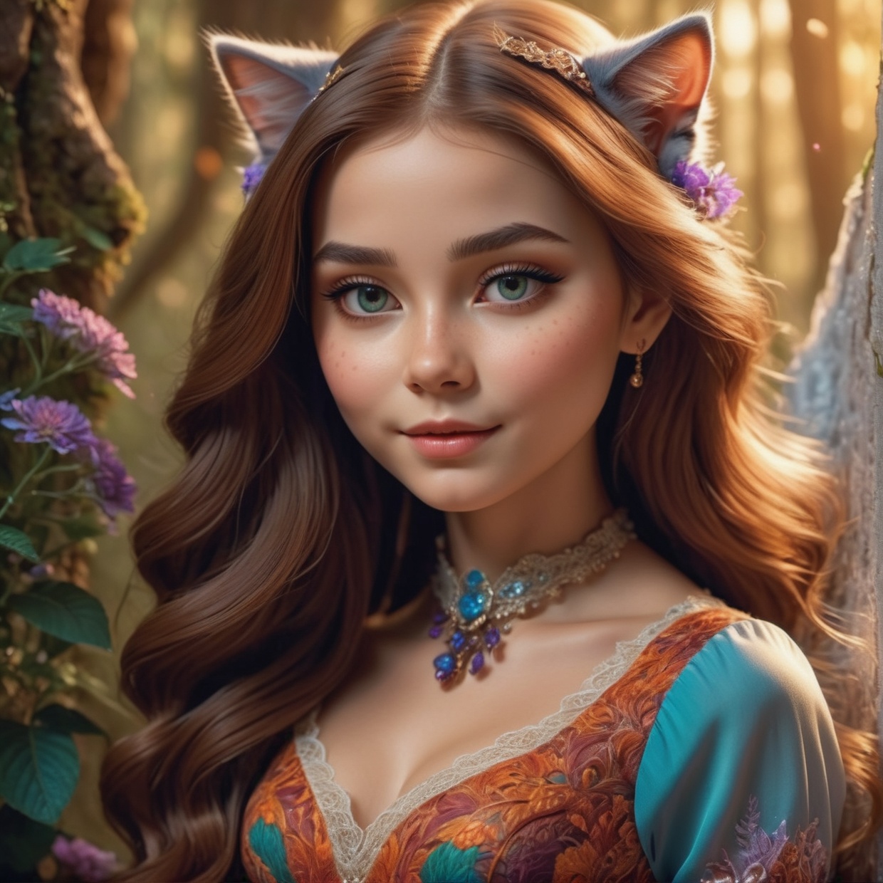 A beautiful girl with a cute cat,  elegant dress,  long flowing hair on Tensor.Art