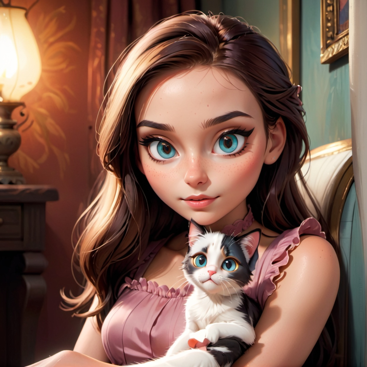 a beautiful girl with a cute cat,  detailed eyes,  detailed lips on Tensor.Art