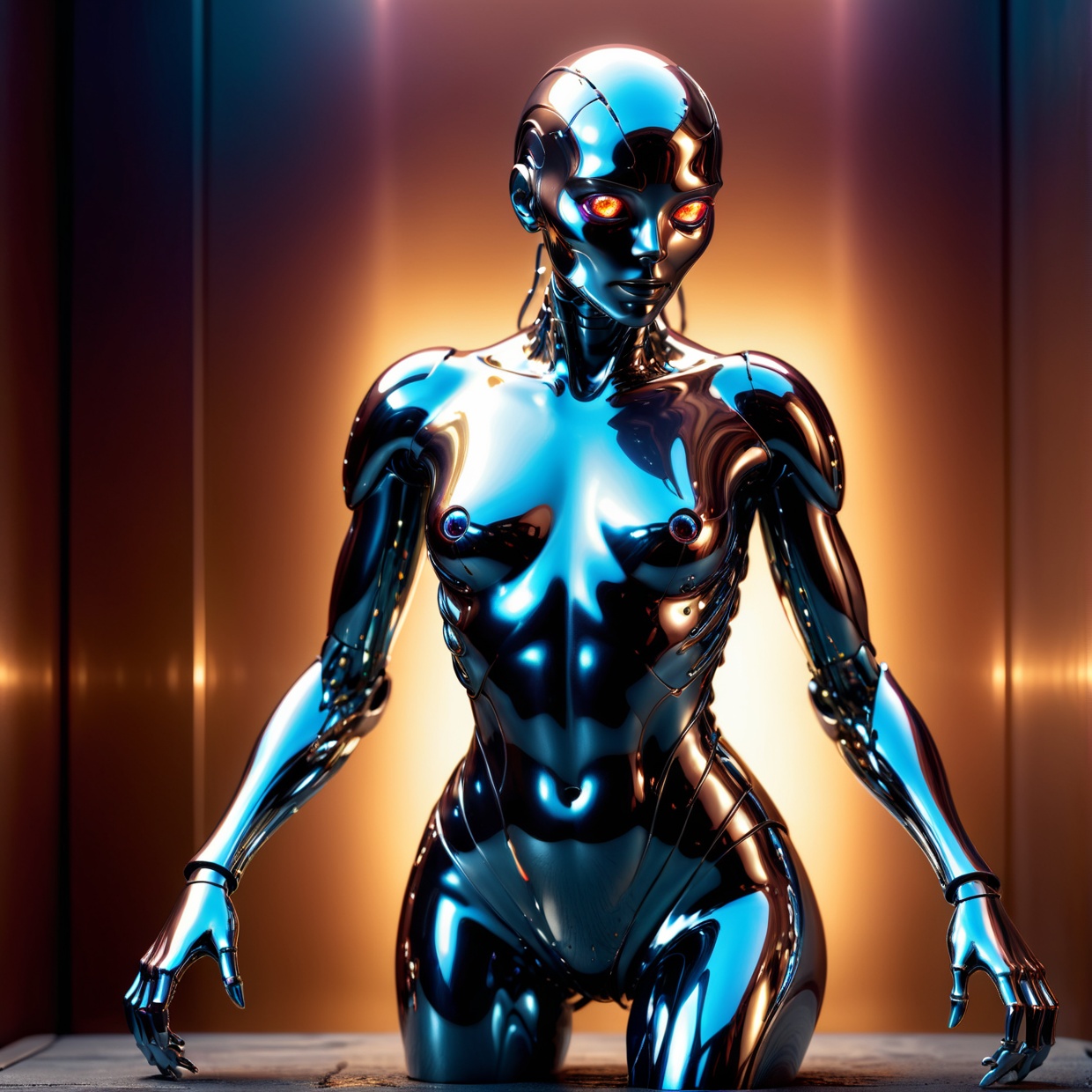 A shiny,  metallic humanoid figure,  chrome liquid metal body on Tensor.Art