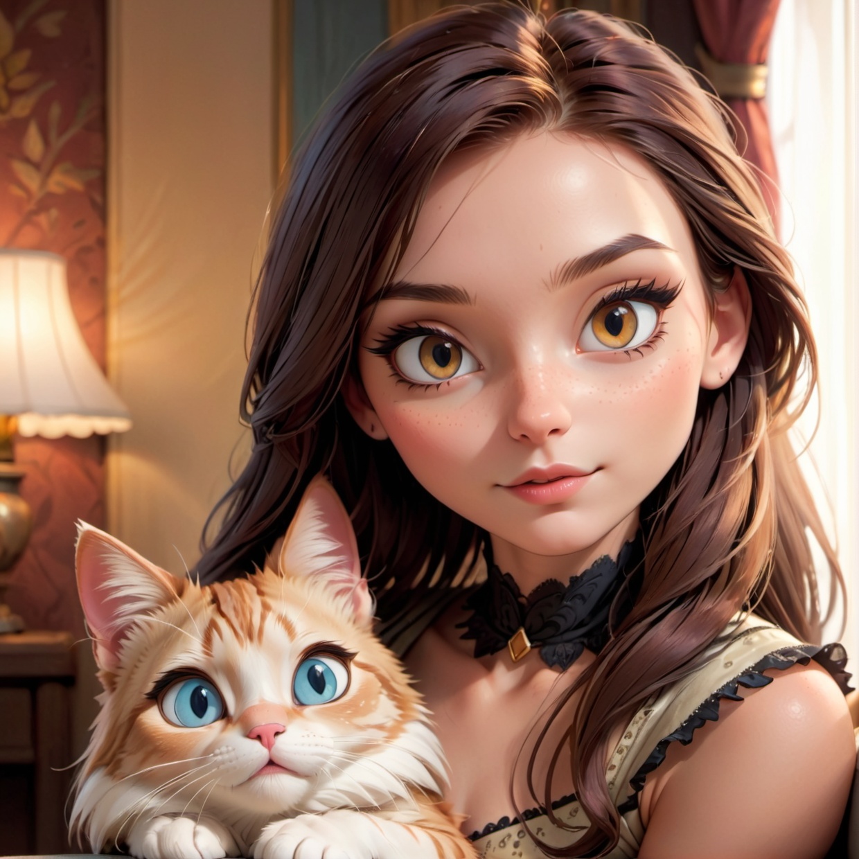 a beautiful girl with a cute cat,  detailed eyes,  detailed lips on Tensor.Art