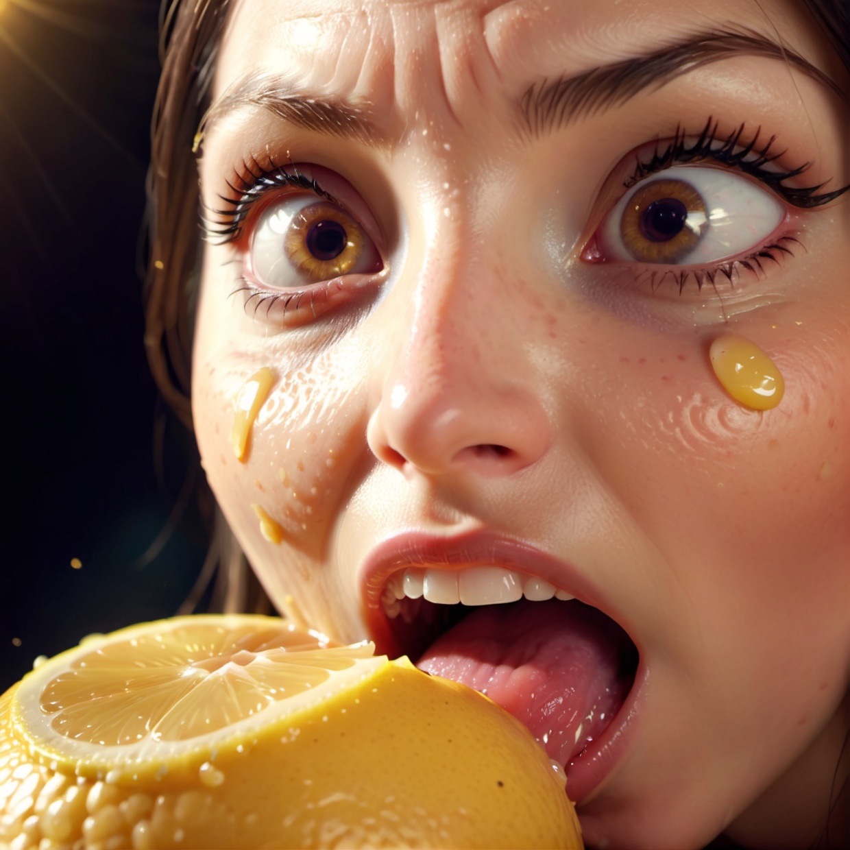 a lemon eating contest,  close-up view of a person's mouth biting into a juicy lemon,  sour facial expression on Tensor.Art