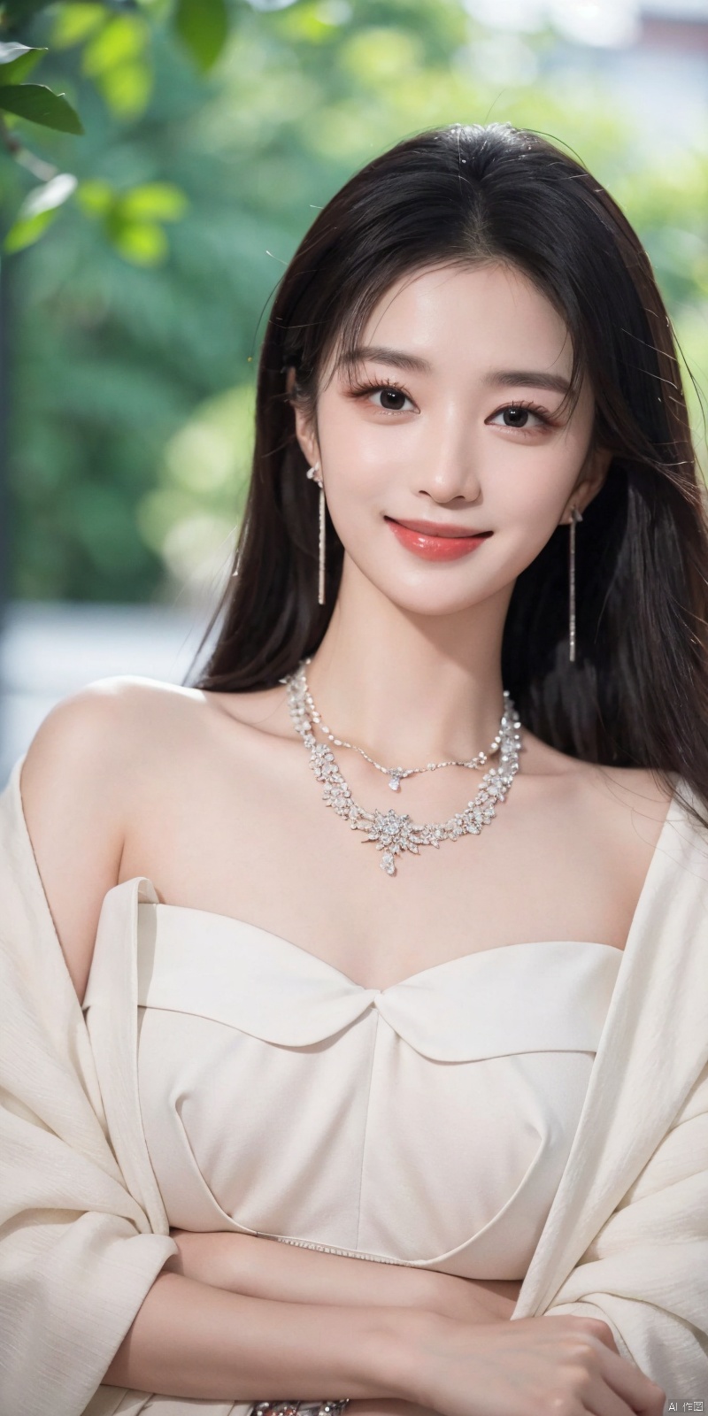 best quality, masterpiece, realistic,,(Good structure), DSLR Quality,Depth of field,kind smile,looking_at_viewer,Dynamic pose,  pose for picture, 
wangchuran, 1girl, jewelry, solo, black hair, realistic, necklace, long hair, earrings, upper body