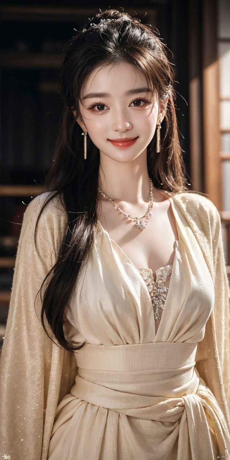 best quality, masterpiece, realistic,cowboy_shot,(Good structure), DSLR Quality,Depth of field,kind smile,looking_at_viewer,Dynamic pose,  pose for picture, 
wangchuran, 1girl, jewelry, solo, black hair, realistic, necklace, long hair, earrings, 