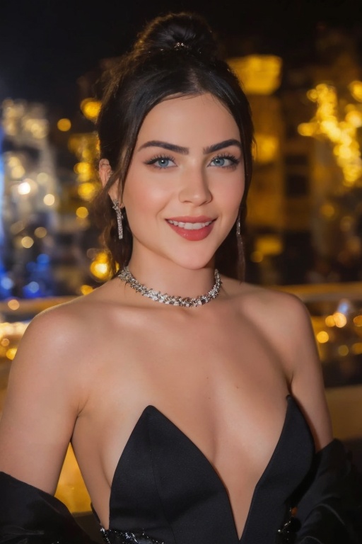 Hyperrealistic photograph of Jade Picon in a triumphant and glamorous moment. She is wearing a stunning black haute coutur...