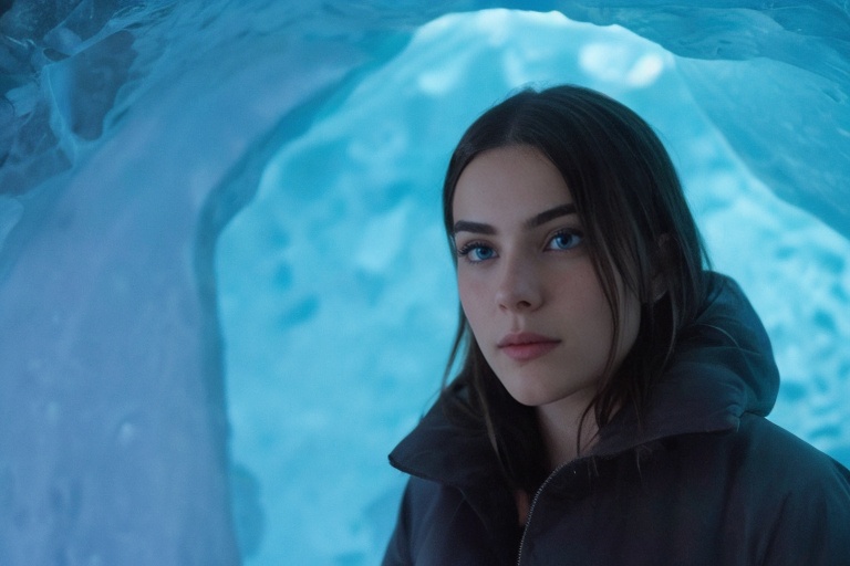 A cinematic,  highly realistic,  and detailed image of Jade Picon in an ice cave. Jade Picon is exploring ice formations w...