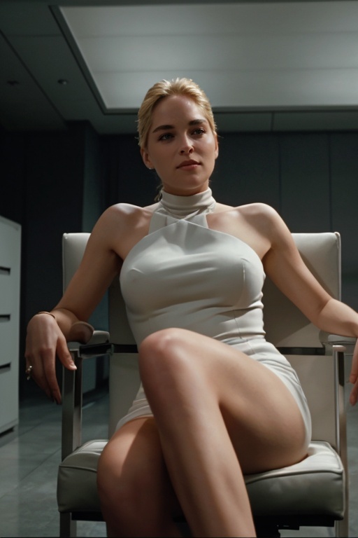 hyperrealistic photo of Sharon Stone (1girl) sitting on a simple black office chair,  wearing the iconic white dress from...